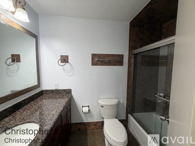 A bathroom with a toilet, sink, and mirror.
