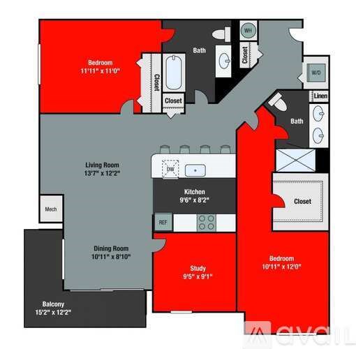 A floor plan of a house with a living room, dining room, kitchen, and two bedrooms.