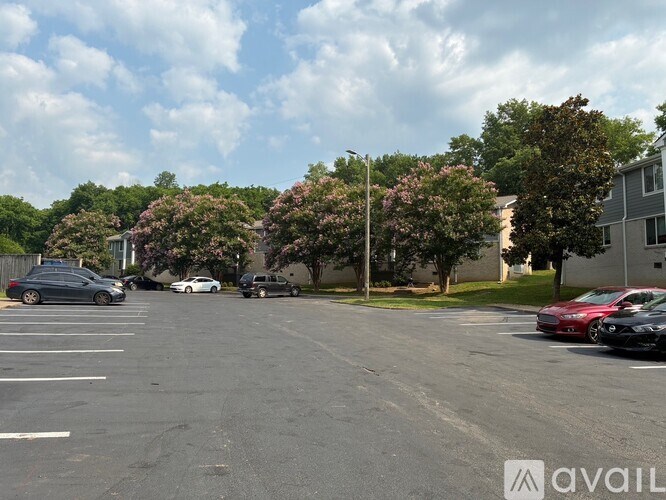 A parking lot with cars and trees in the background.