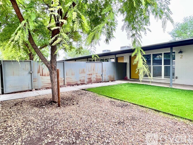 A tree in front of a building with a yellow door.