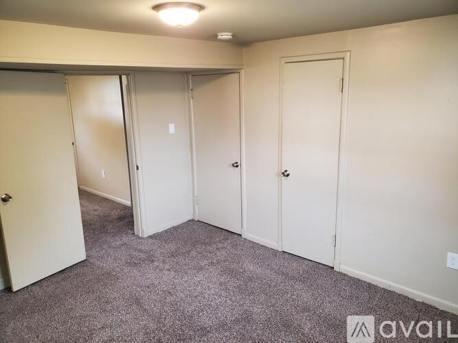 A room with three doors and a carpeted floor.