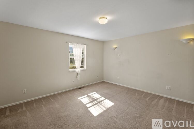 A room with a window and a carpeted floor.