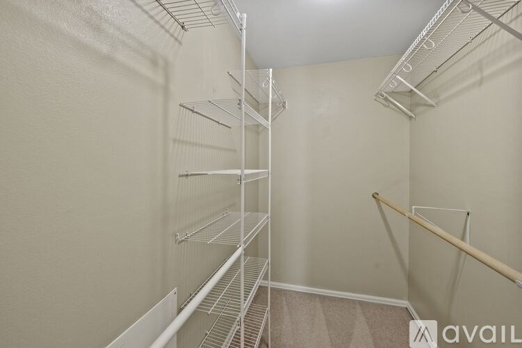 Empty walk-in closet with shelves and a carpeted floor.