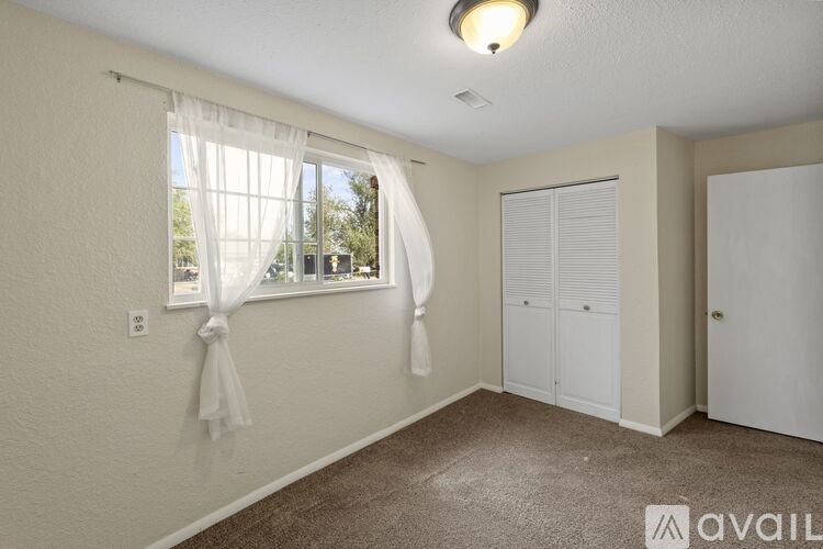 A room with a window covered by white curtains and a carpet on the floor.