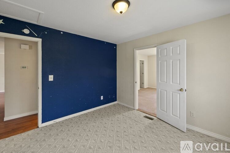 A room with a blue wall and a white door.