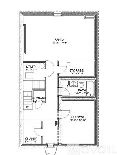 A floor plan of a small apartment with a family room, two bedrooms, a utility space, and a closet.