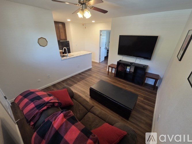 A living room with a couch, a television, and a ceiling fan.