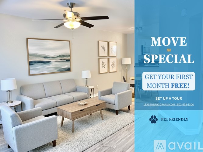 A living room with a sofa, armchair, and coffee table is on sale for the first month free.