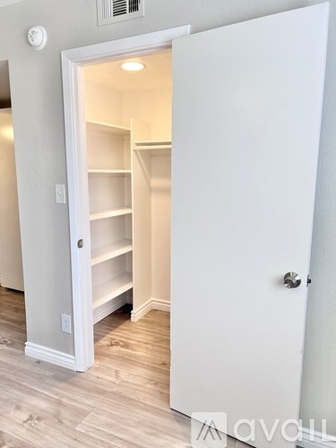 A white door is open to a small pantry with shelves.