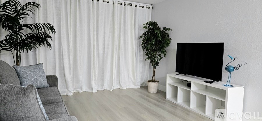 A living room with a grey couch, a television, and a plant.