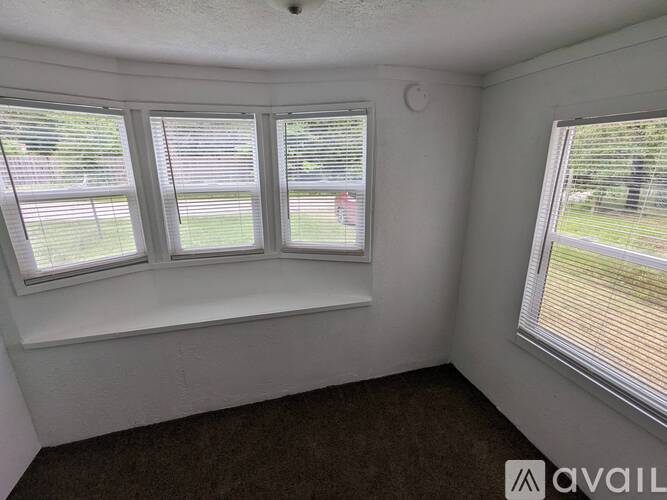 A room with three windows and a carpeted floor.