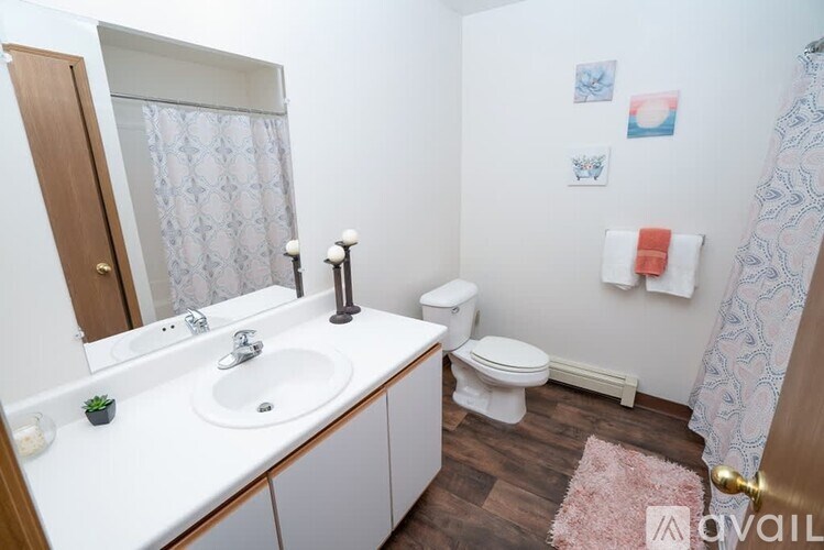 A bathroom with a white sink, toilet, and a pink rug.