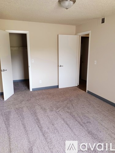 A room with two doors and a carpeted floor.