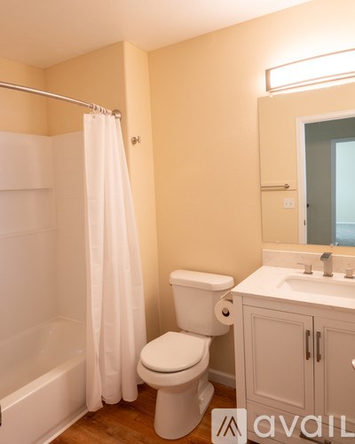 A bathroom with a toilet, sink, and shower.
