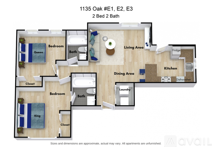 A floor plan of a two bedroom, two bath apartment.