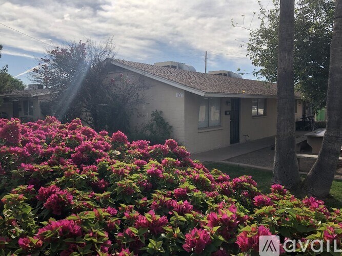 A house with a garden in front of it.