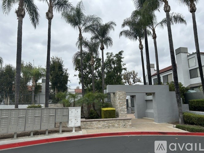 A modern house with a driveway and palm trees in front.
