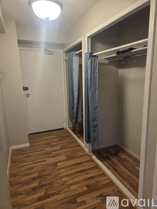 A room with a wooden floor and a white door.