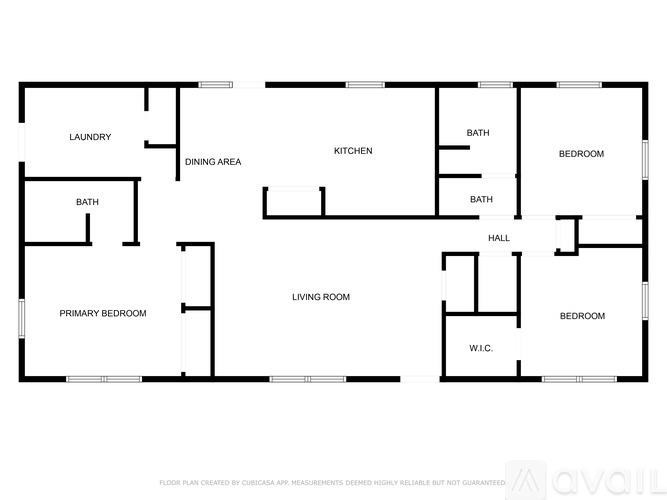 A floor plan of a house with labeled rooms such as a laundry room, dining area, kitchen, living room, and multiple bedrooms.