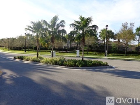 A street with palm trees and a sign that says "available".