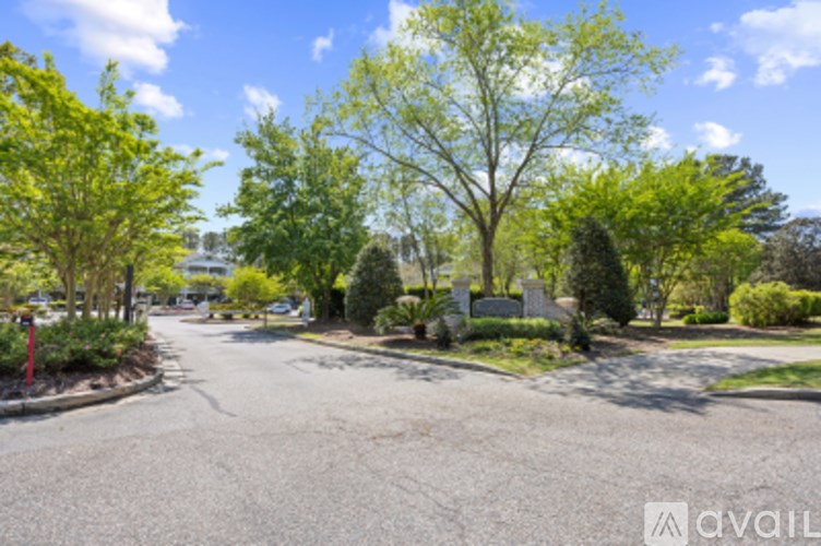 A street view of a residential area with trees and houses.
