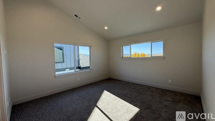 A spacious room with a carpeted floor and two windows.