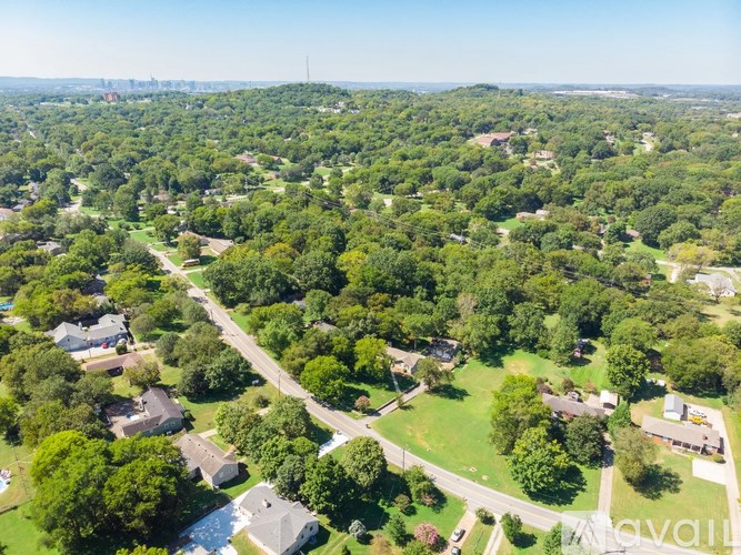 A bird's eye view of a residential area with houses surrounded by lush green trees.