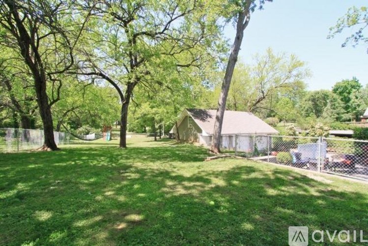 A grassy area with trees and a fence in the background.