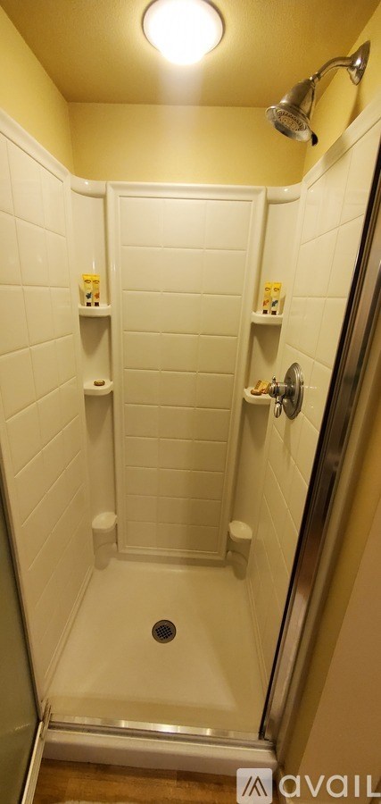 A bathroom with a white tiled shower and a white door.