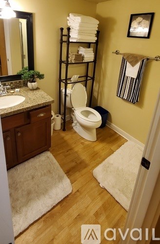 A bathroom with a toilet, sink, and towels.