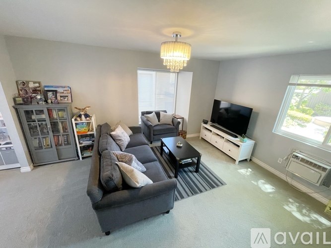 A living room with a grey couch and a television.