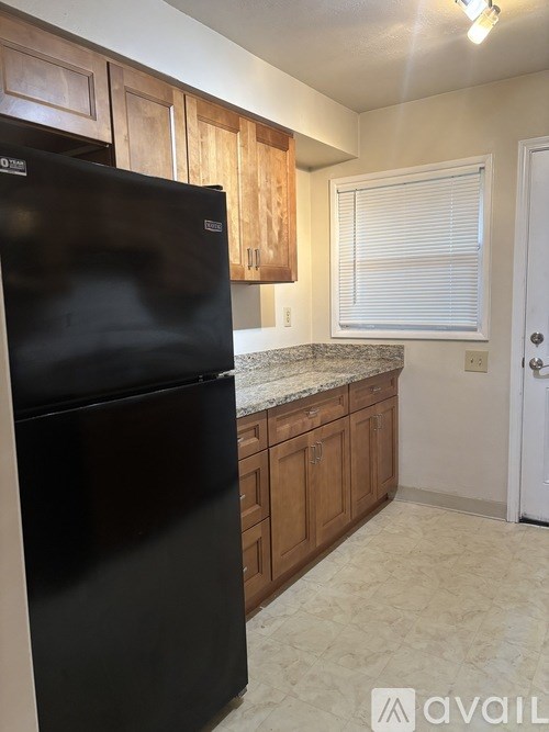 A kitchen with a black fridge and wooden cabinets.