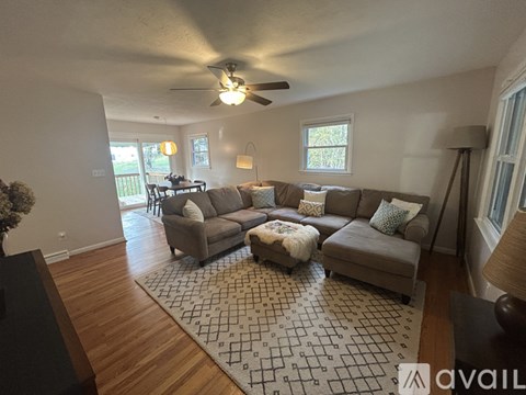 A living room with a grey couch and a rug.