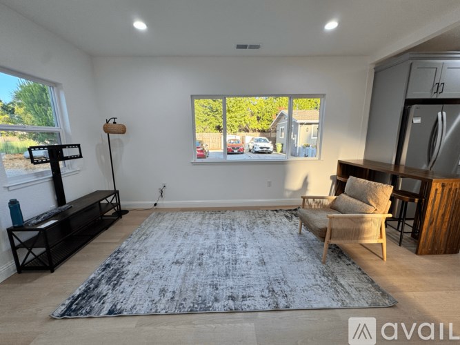 A living room with a large rug, a chair, and a television.