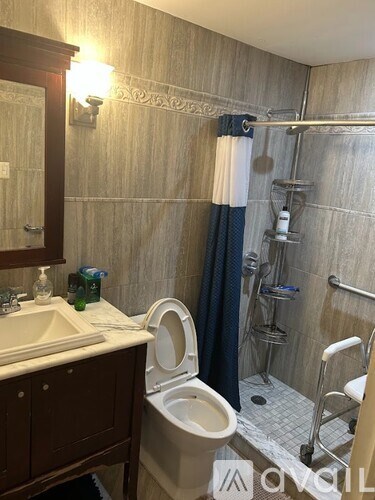 A bathroom with a sink, toilet, and shower.