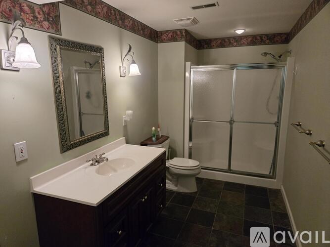 A bathroom with a sink, toilet, and shower.