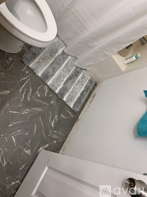 A bathroom with a toilet and a striped rug.