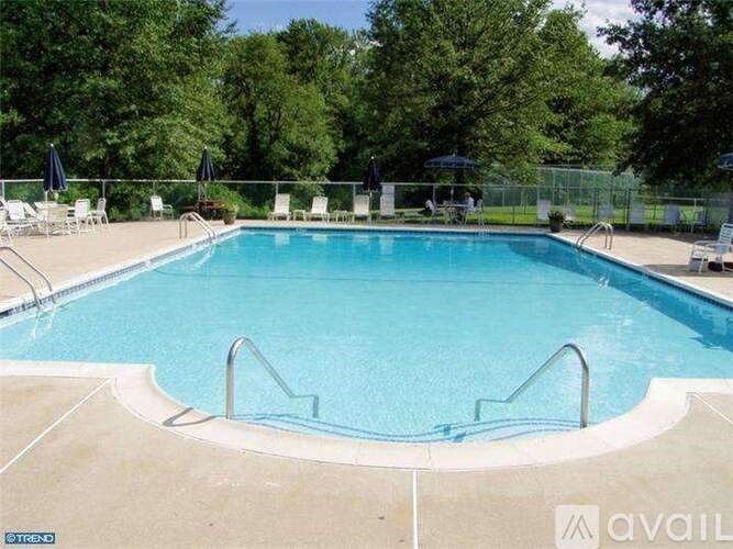 A large outdoor swimming pool surrounded by trees and lounge chairs.