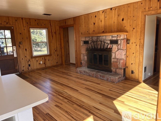 A room with wooden walls and a stone fireplace.