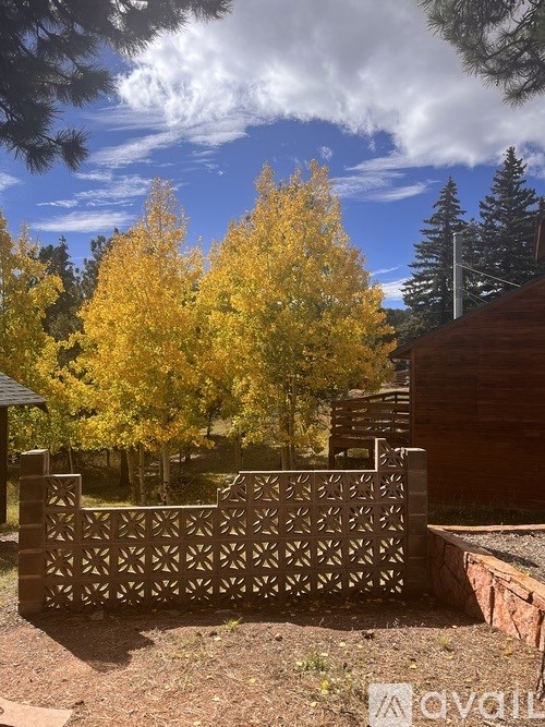 A wooden fence in front of a yellow tree and a building.