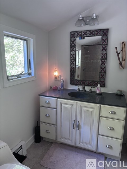 A bathroom with a sink, mirror, and a window.