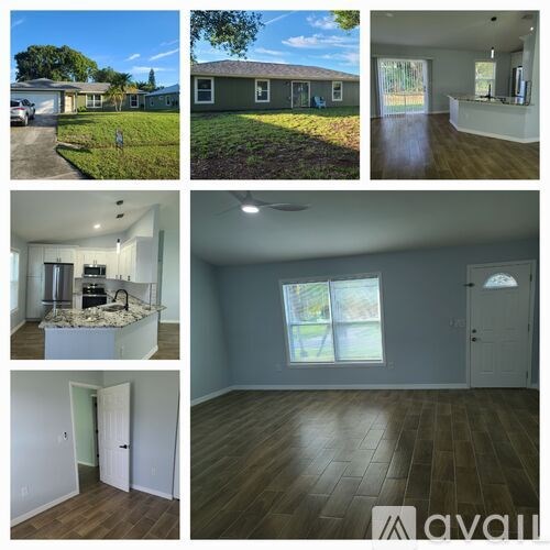 A collage of images showcasing a residential property including the exterior, interior living spaces, and a kitchen.