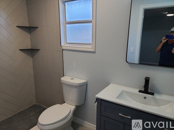 A bathroom with a toilet, sink, and mirror.