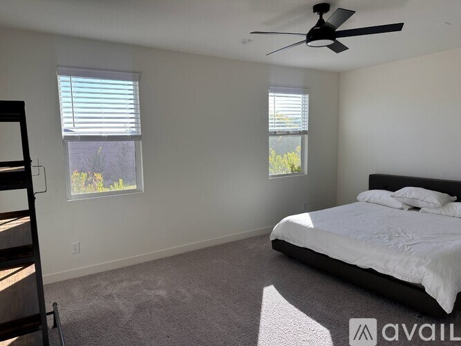 A bedroom with a bed, a ceiling fan, and two windows with blinds.