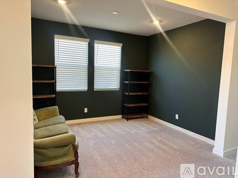 A living room with a green chair and two bookshelves.