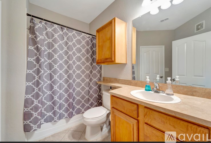 A bathroom with a toilet, sink, and shower curtain.