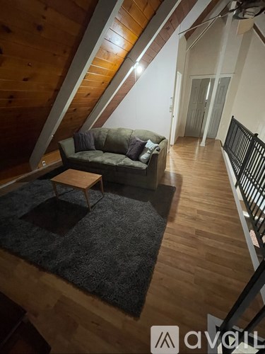 A living room with a couch and a rug.