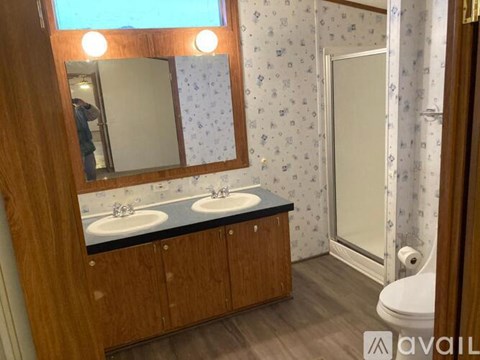 A bathroom with a mirror, two sinks, and a toilet.