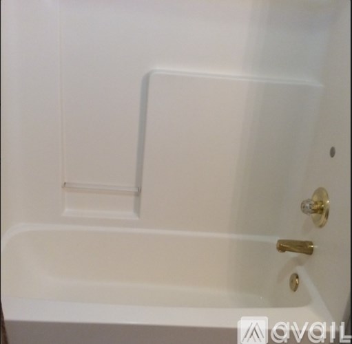 A white bathroom with a gold handle.