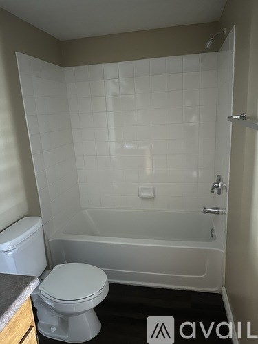 A white toilet sits next to a walk-in shower.